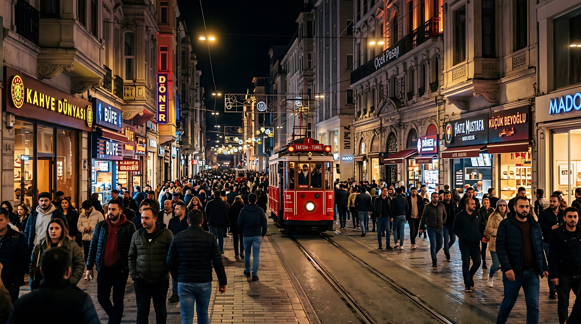 Gece İstanbul’da İstiklal Caddesi’ndeki kalabalık ve kırmızı nostaljik tramvay